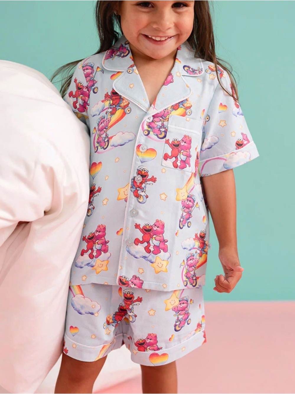 Posh Peanut Light Blue Care Bears Twill Short Pajama Set with Pink Characters